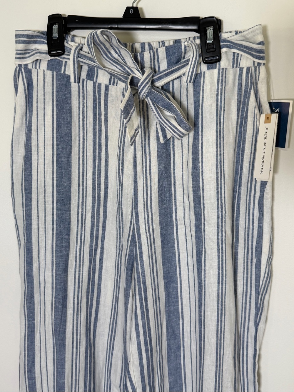 Striped Tie-Waist Linen Blend Trousers - Blue/White